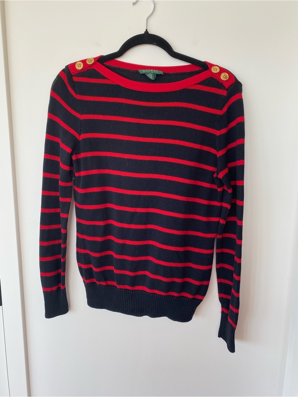 Ralph Lauren Navy and Red Striped Crewneck Sweater with Shoulder Buttons